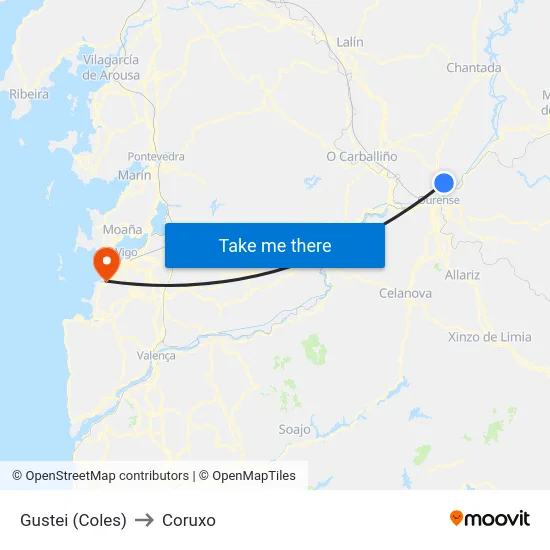 Gustei (Coles) to Coruxo map