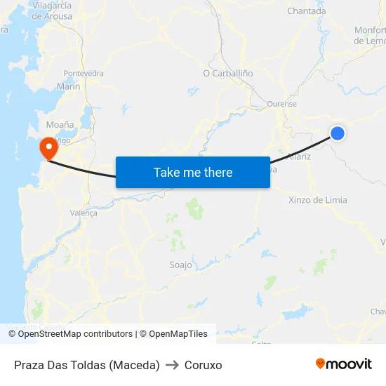 Praza Das Toldas (Maceda) to Coruxo map