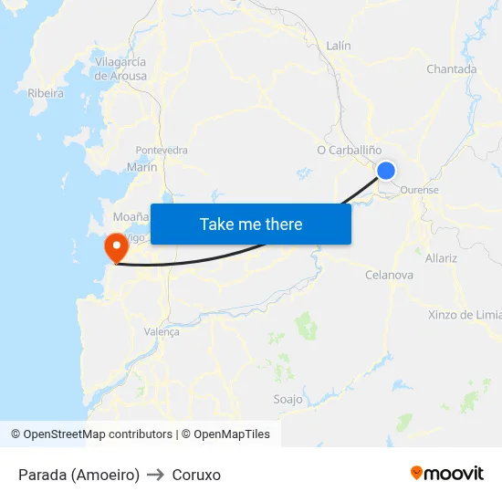 Parada (Amoeiro) to Coruxo map