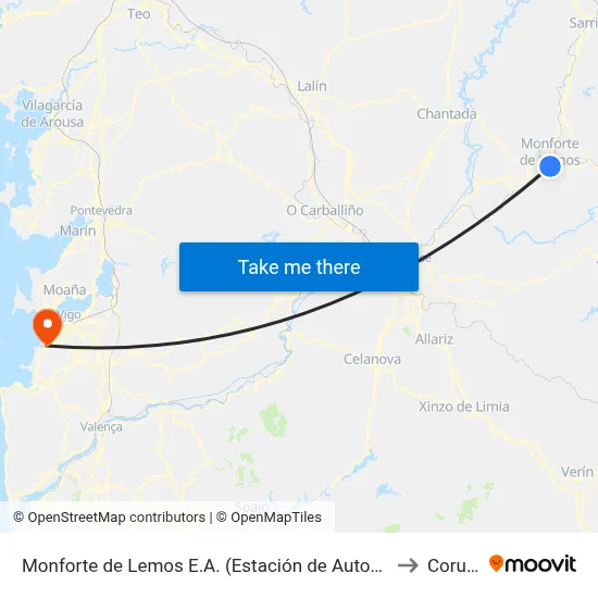 Monforte de Lemos E.A. (Estación de Autobuses) to Coruxo map