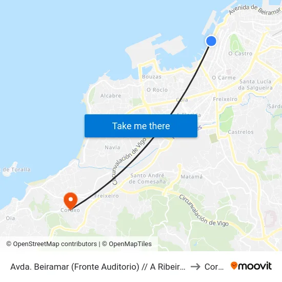 Avda. Beiramar (Fronte Auditorio) // A Ribeira de Picacho to Coruxo map
