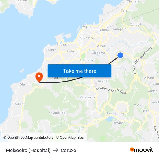 Meixoeiro (Hospital) to Coruxo map