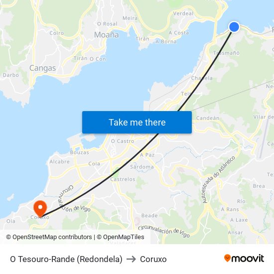 O Tesouro-Rande (Redondela) to Coruxo map