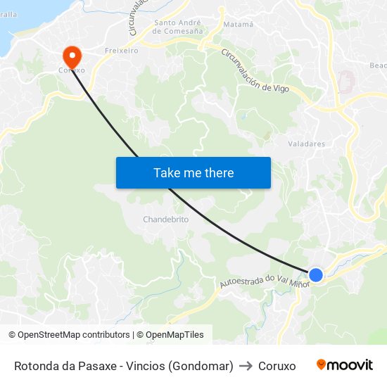 Rotonda da Pasaxe - Vincios (Gondomar) to Coruxo map