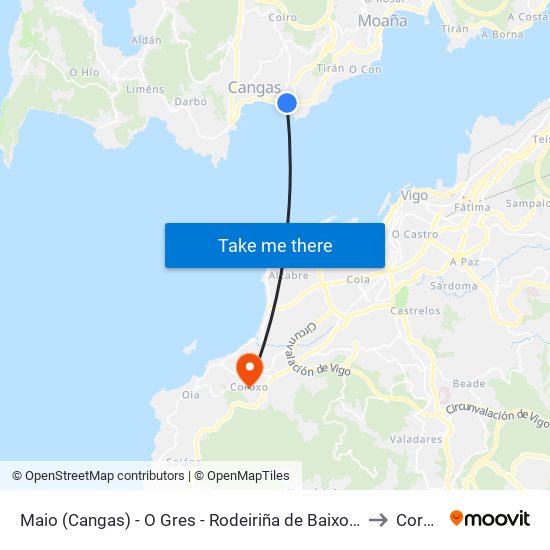Maio (Cangas) - O Gres - Rodeiriña de Baixo (Cangas) to Coruxo map