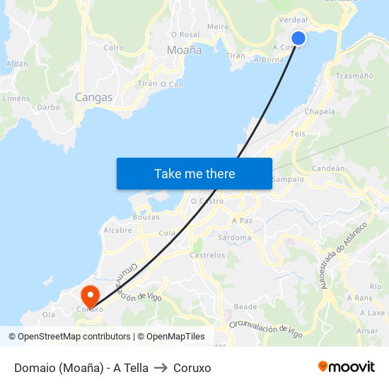 Domaio (Moaña) - A Tella to Coruxo map