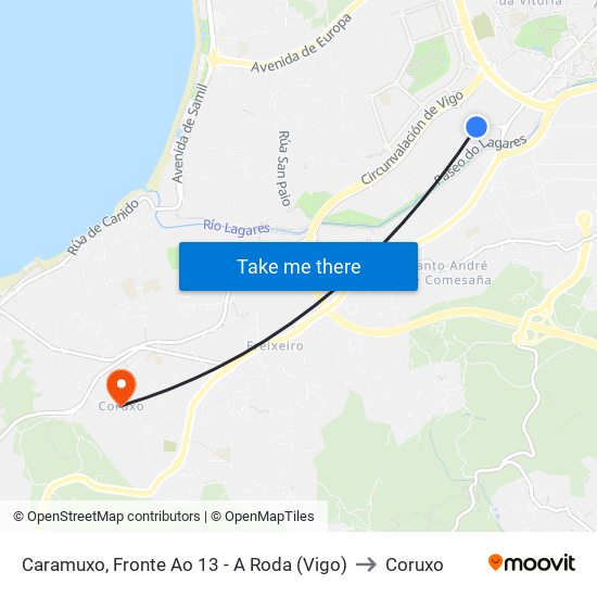 Caramuxo, Fronte Ao 13 - A Roda (Vigo) to Coruxo map