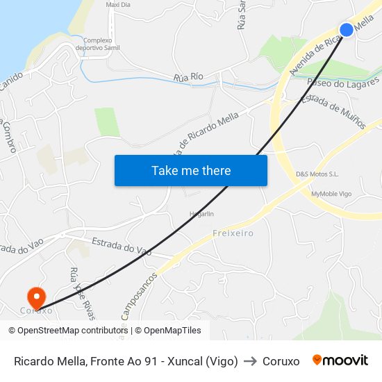 Ricardo Mella, Fronte Ao 91 - Xuncal (Vigo) to Coruxo map