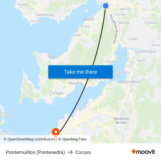 Pontemuiños (Pontevedra) to Coruxo map