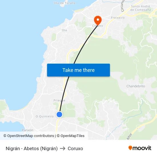 Nigrán - Abetos (Nigrán) to Coruxo map