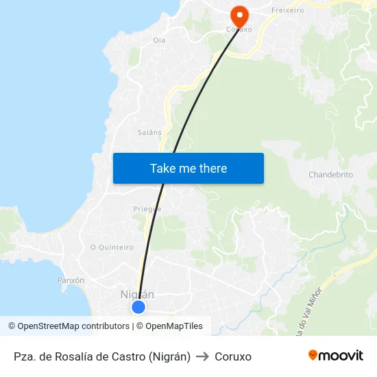 Pza. de Rosalía de Castro (Nigrán) to Coruxo map