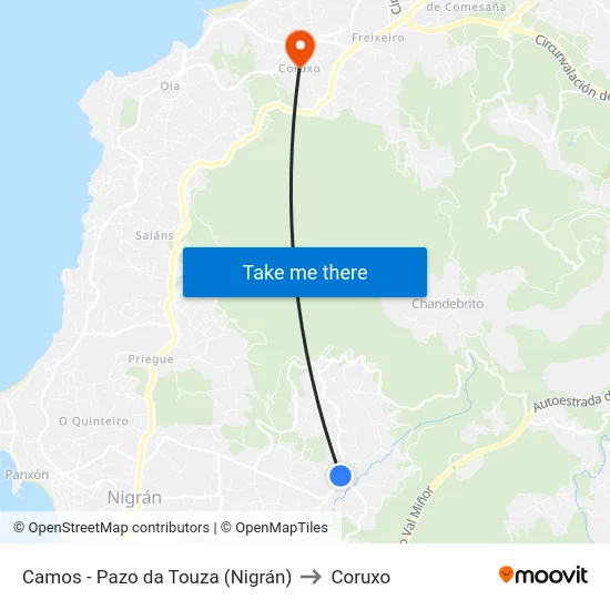 Camos - Pazo da Touza (Nigrán) to Coruxo map