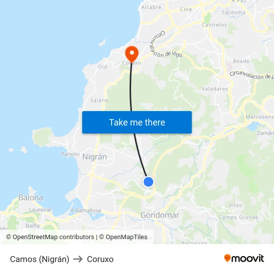 Camos (Nigrán) to Coruxo map