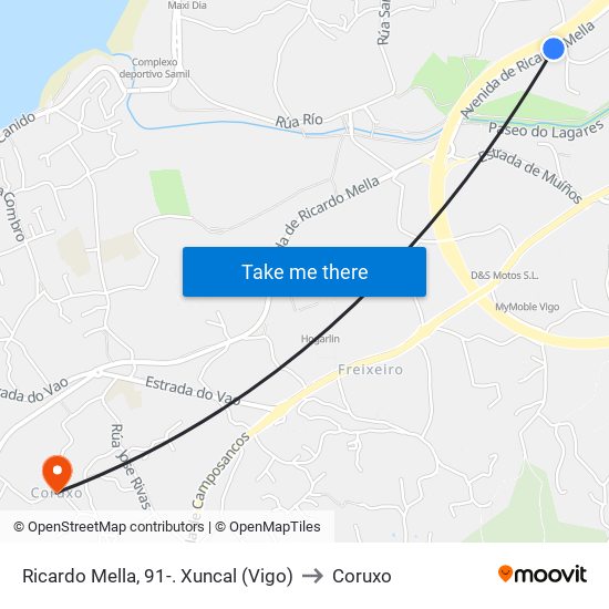 Ricardo Mella, 91-. Xuncal (Vigo) to Coruxo map