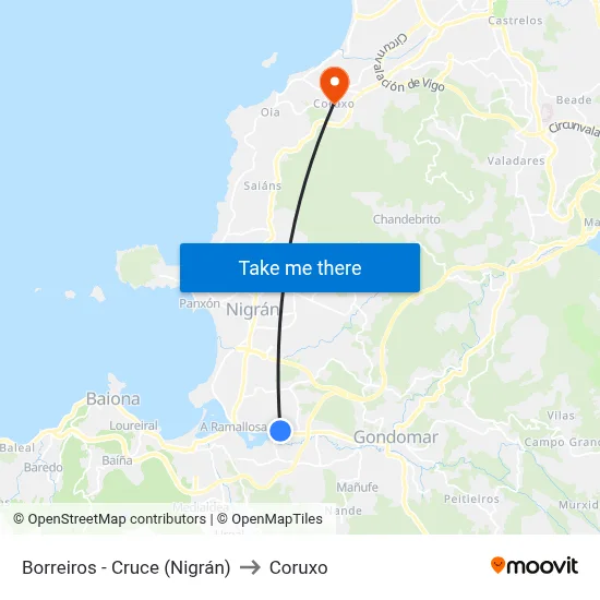 Borreiros - Cruce (Nigrán) to Coruxo map