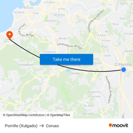 Porriño (Xulgado) to Coruxo map