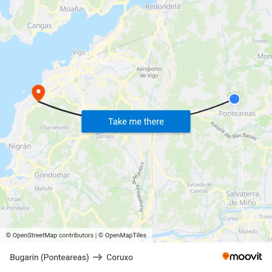 Bugarín (Ponteareas) to Coruxo map