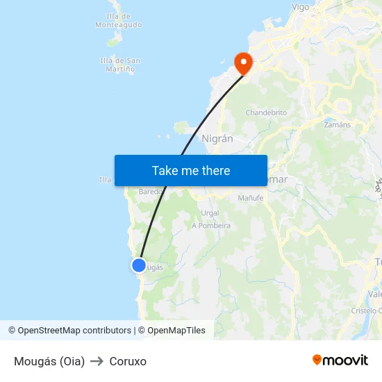 Mougás (Oia) to Coruxo map