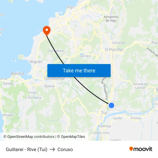 Guillarei - Rive (Tui) to Coruxo map