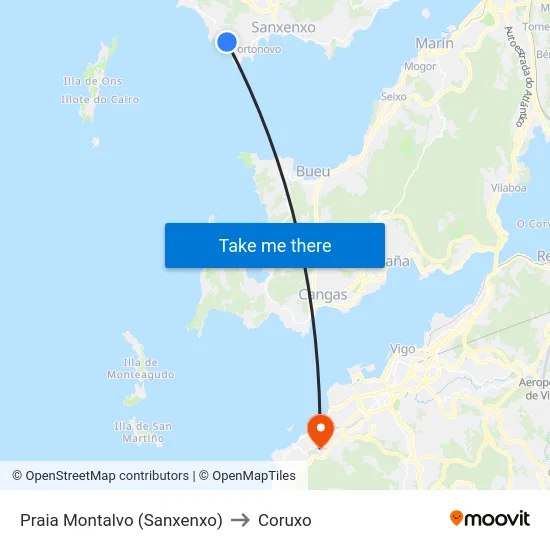 Praia Montalvo (Sanxenxo) to Coruxo map