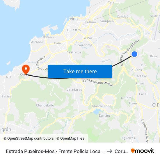 Estrada Puxeiros-Mos - Frente Policía Local (Mos) to Coruxo map