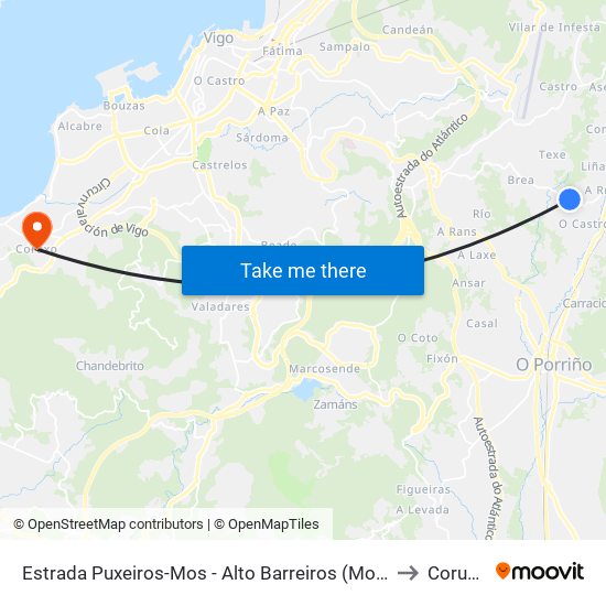 Estrada Puxeiros-Mos - Alto Barreiros (Mos) to Coruxo map