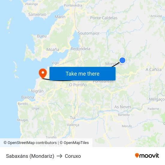 Sabaxáns (Mondariz) to Coruxo map