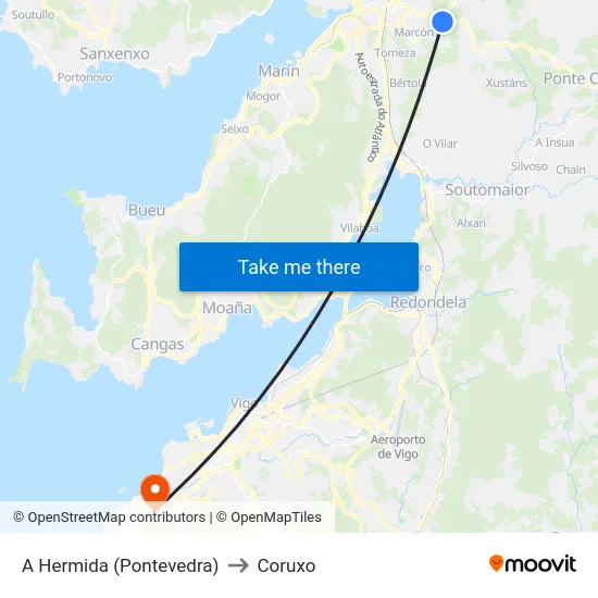 A Hermida (Pontevedra) to Coruxo map