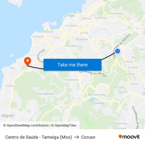 Centro de Saúde - Tameiga (Mos) to Coruxo map