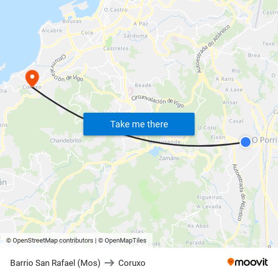 Barrio San Rafael (Mos) to Coruxo map