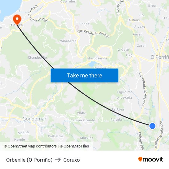 Orbenlle (O Porriño) to Coruxo map