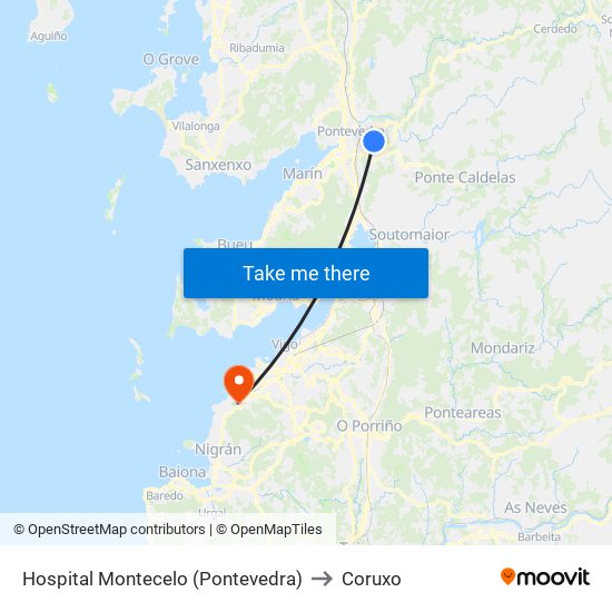 Hospital Montecelo (Pontevedra) to Coruxo map