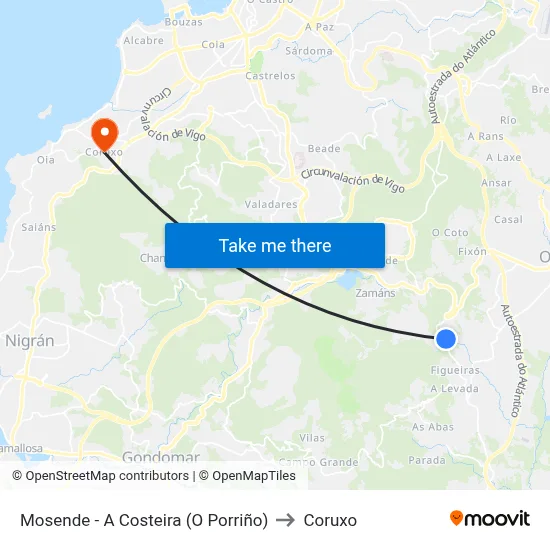 Mosende - A Costeira (O Porriño) to Coruxo map
