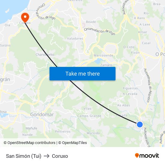 San Simón (Tui) to Coruxo map