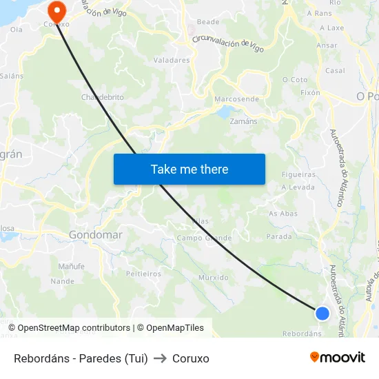 Rebordáns - Paredes (Tui) to Coruxo map