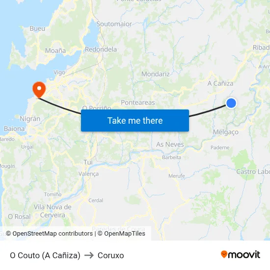 O Couto (A Cañiza) to Coruxo map