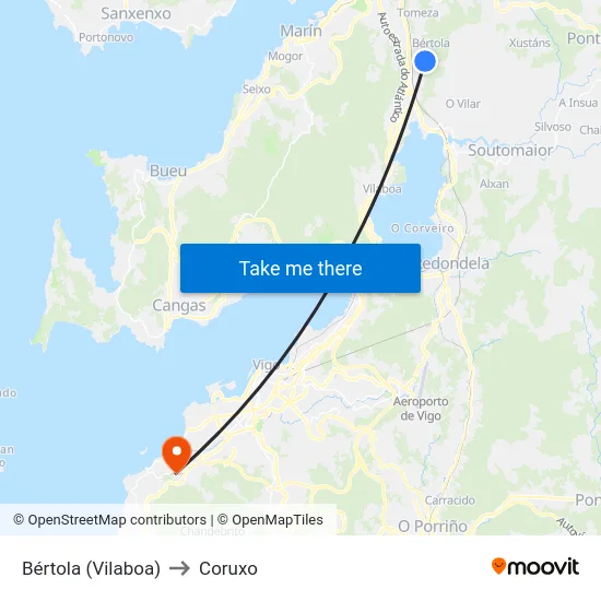 Bértola (Vilaboa) to Coruxo map