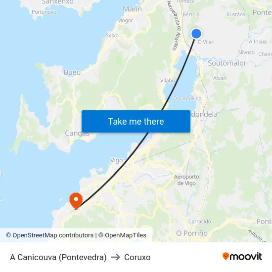 A Canicouva (Pontevedra) to Coruxo map