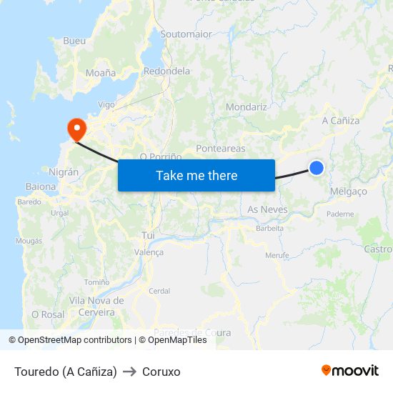 Touredo (A Cañiza) to Coruxo map