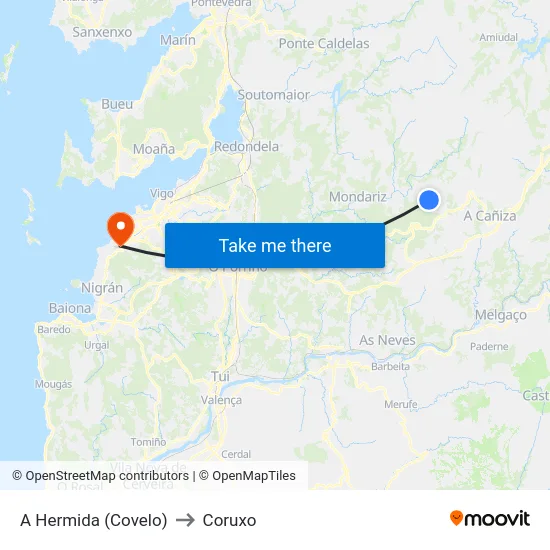 A Hermida (Covelo) to Coruxo map