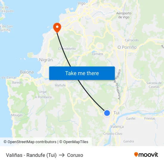 Valiñas - Randufe (Tui) to Coruxo map