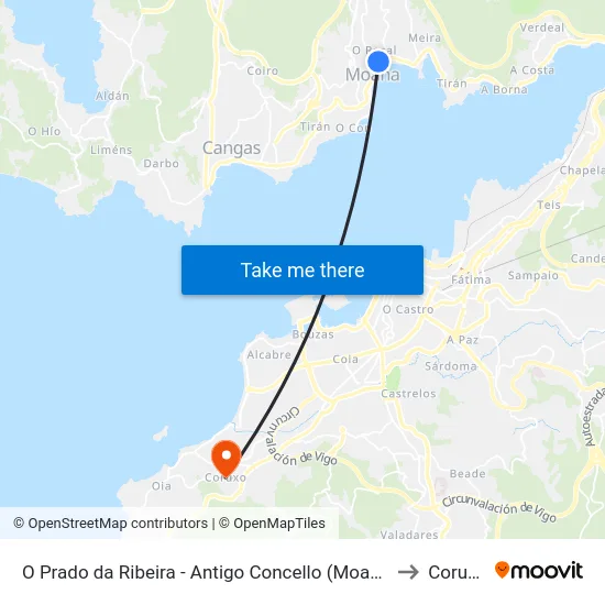 O Prado da Ribeira - Antigo Concello (Moaña) to Coruxo map