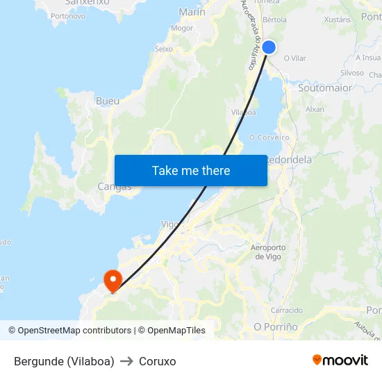 Bergunde (Vilaboa) to Coruxo map