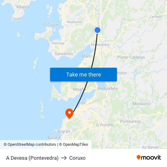 A Devesa (Pontevedra) to Coruxo map