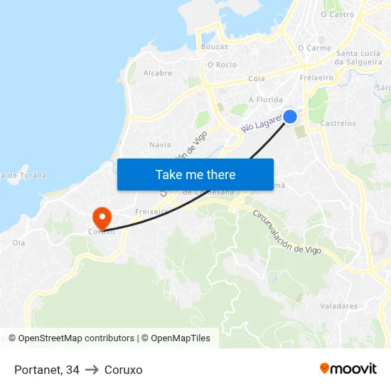 Portanet, 34 to Coruxo map