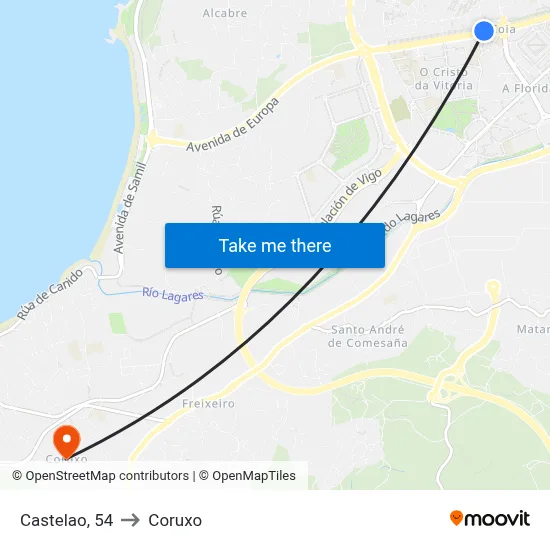 Castelao, 54 to Coruxo map
