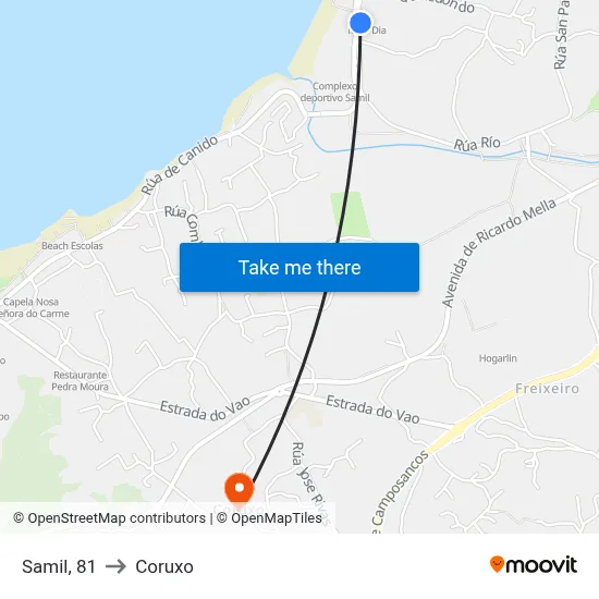 Samil, 81 to Coruxo map
