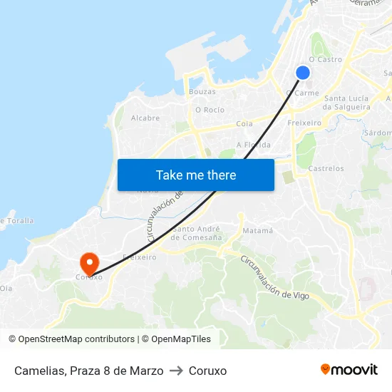 Camelias, Praza 8 de Marzo to Coruxo map