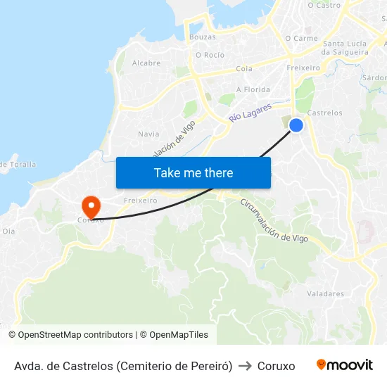 Avda. de Castrelos (Cemiterio de Pereiró) to Coruxo map
