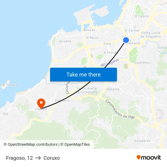 Fragoso, 12 to Coruxo map